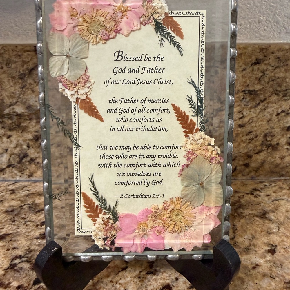 Pressed Flower Prayer Plaque - Pink and Cream Floral Decor
